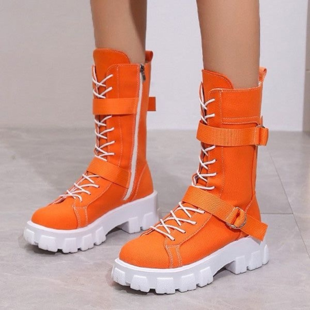 Orange High-Top Lace-Up Platform Boots